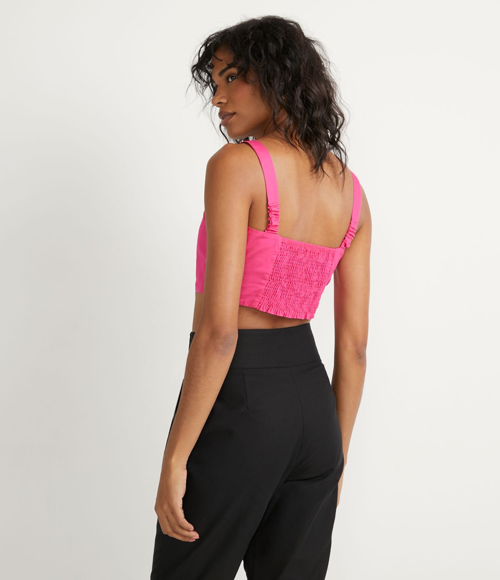 Blusa Regata Cropped em Tricoline com Lastex nas Costas Rosa 3