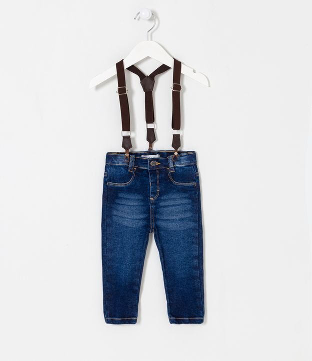 Calça Infantil em Jeans com Suspensório - Tam 0 a 18 meses