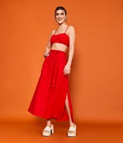 Saia Midi em Linho com Cinto Cordão e Franzidos