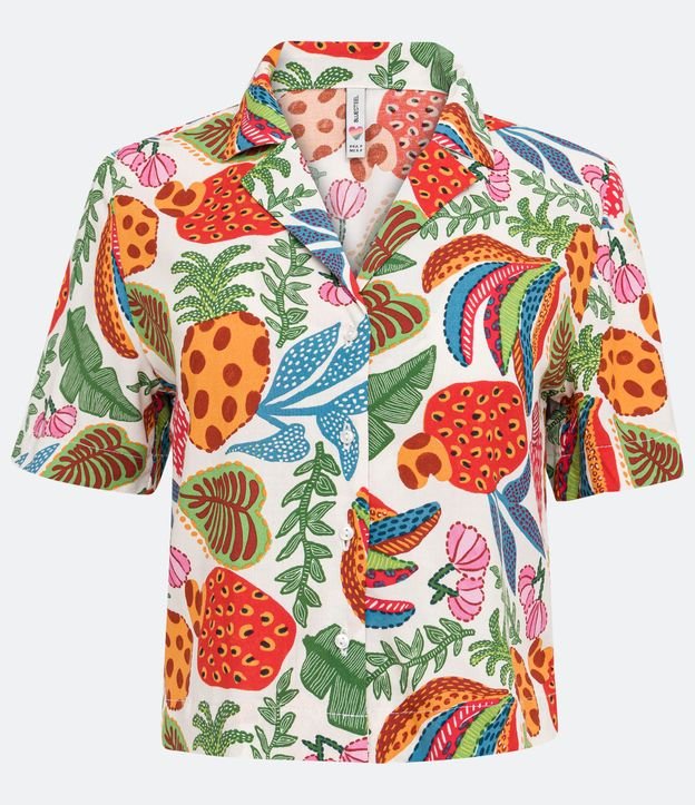 Camisa en Viscosa con Manga Corta y Estampado Tropical Flores y Frutas Blanco 5