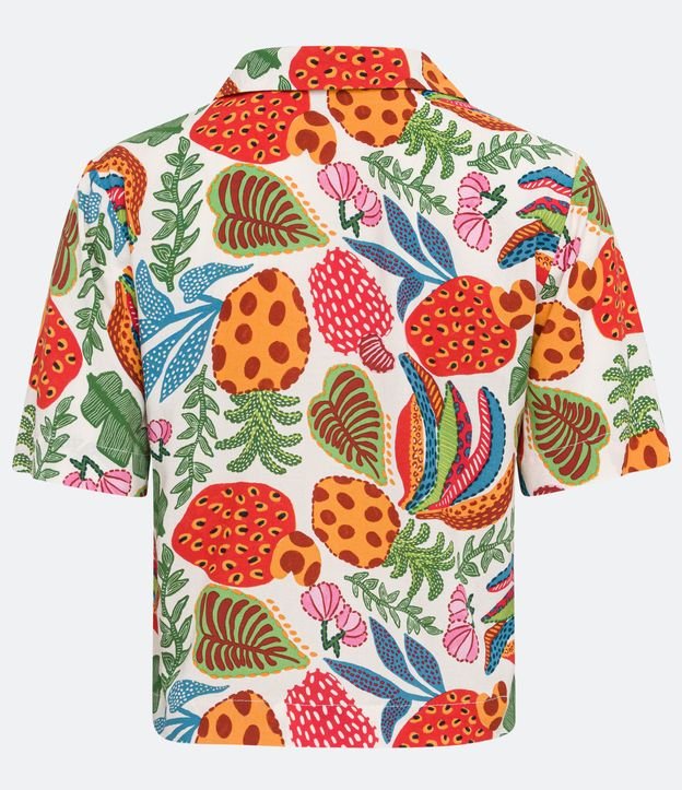 Camisa en Viscosa con Manga Corta y Estampado Tropical Flores y Frutas Blanco 6