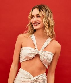 Blusa Cropped de Alça em Jersey Metalizado