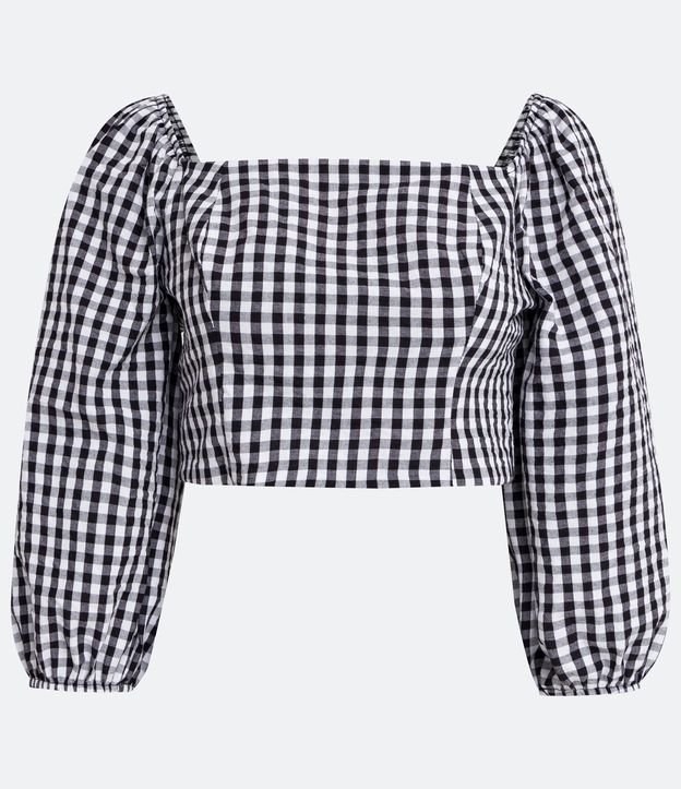 Blusa em Ana Ruga com Estampa Xadrez Vichy e Manga 3/4 Preto 6