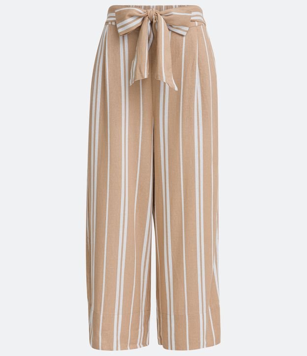 Pantalón Pantacourt en Viscolino con Cinturón y Estampado de Rayas Beige 5