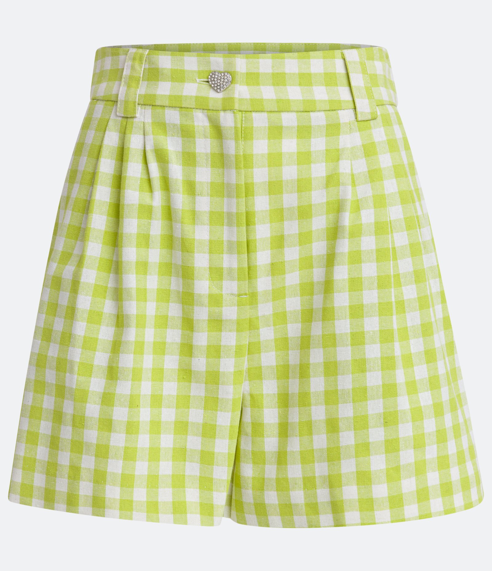 Short Curto em Linho com Estampa Xadrez Vichy com Botão de Coração Verde 5