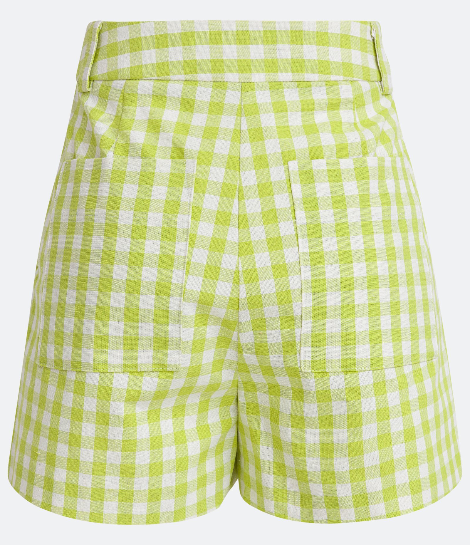Short Curto em Linho com Estampa Xadrez Vichy com Botão de Coração Verde 6