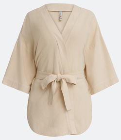 Kimono Alongado em Viscolinho com Manga Ampla e Faixa Pespontada