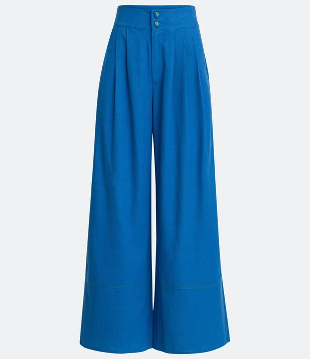 Pantalón Pantalona en Lino con Pliegues y Bolsillos Azul 5