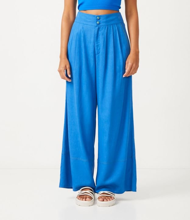 Pantalón Pantalona en Lino con Pliegues y Bolsillos Azul 2