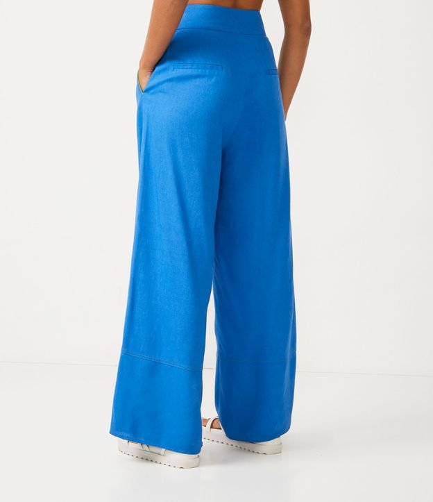 Pantalón Pantalona en Lino con Pliegues y Bolsillos Azul 3