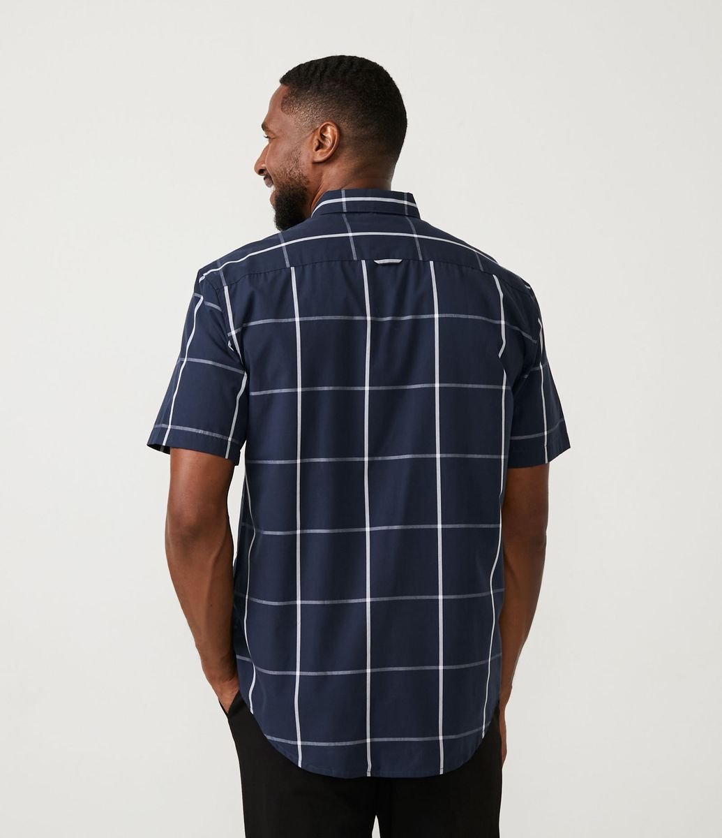 Camisa Comfort em Algodão com Estampa Xadrez Azul