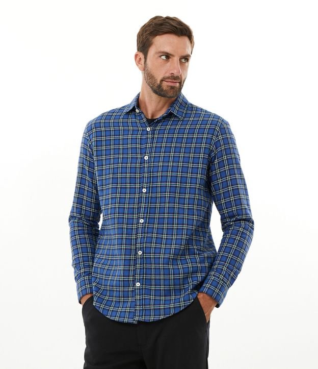 Camisa Comfort em Algodão com Estampa Xadrez - Cor: Azul - Tamanho: P