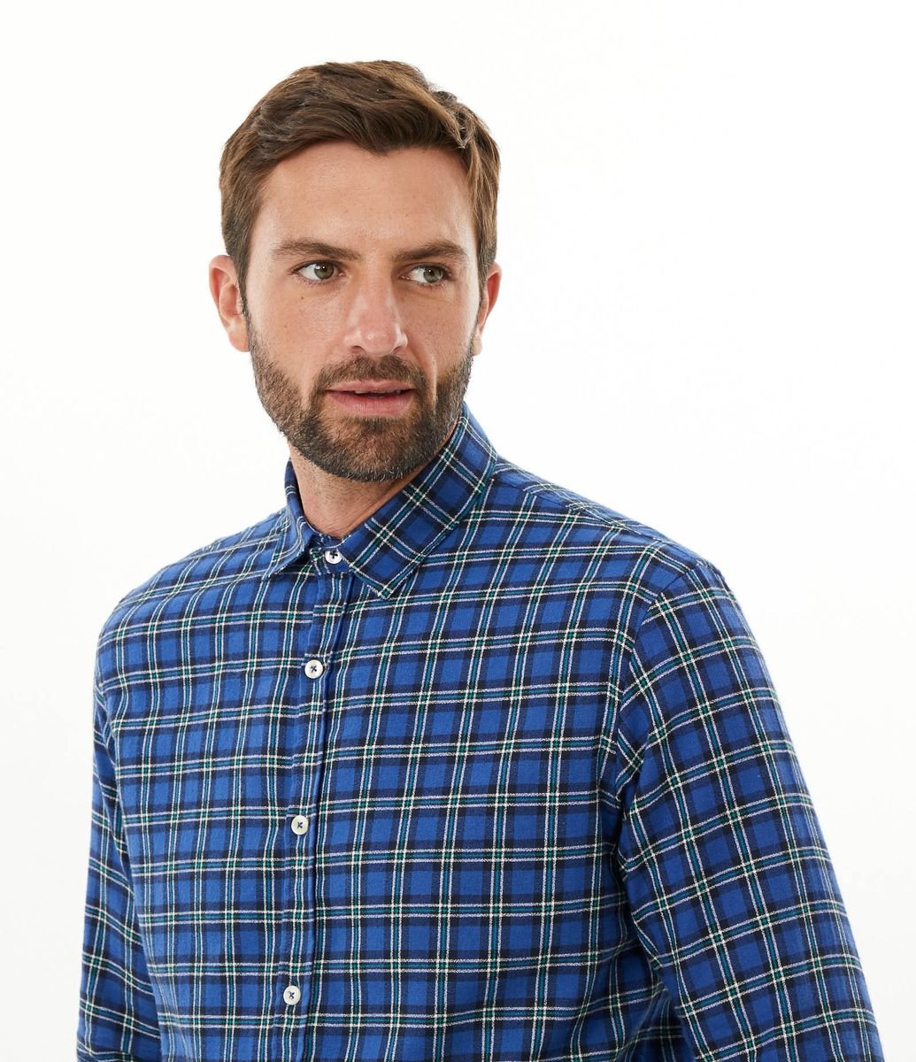 Camisa Comfort em Algodão com Estampa Xadrez Azul