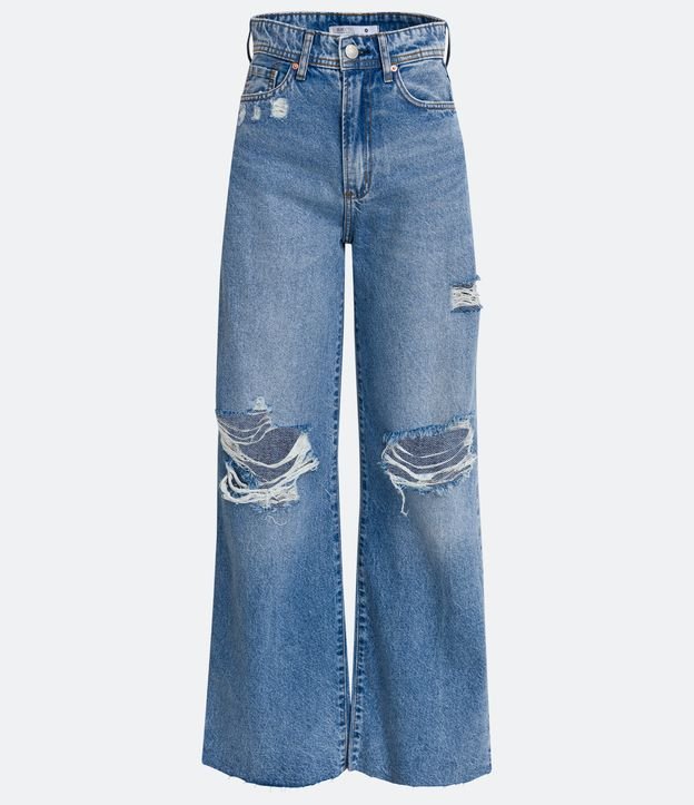 Calça Wide Leg Cintura Alta em Jeans com Rasgos e Barra a Fio Azul 5