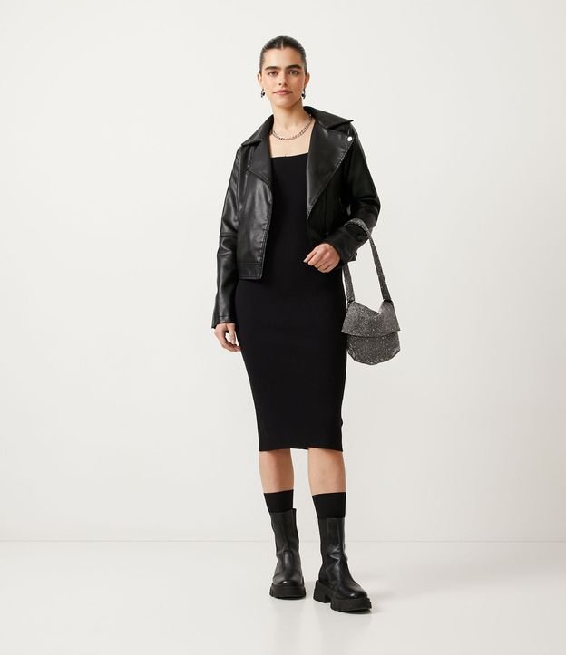 Vestido Corto de Punto Acanalado con Tirantes Medianos Negro 5