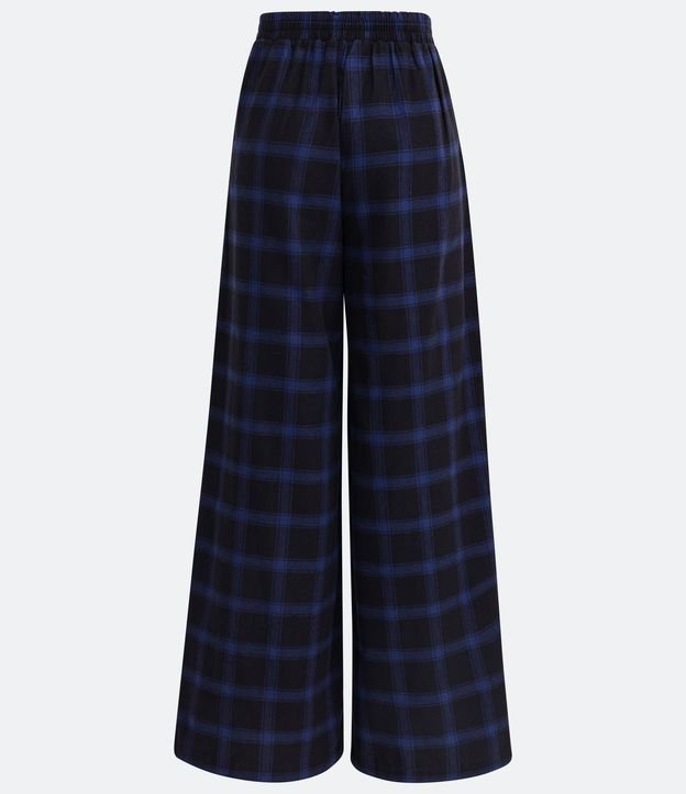 Pantalón Pantalona en Franela con Cintura Elástica y Estampado de Cuadros Azul 6