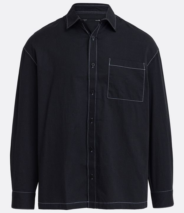 Camisa Slim Oversized en Algodón con Bolsillo y Costura Contrastante Negro 7