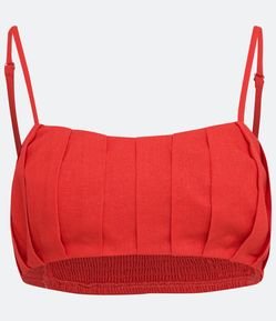 Blusa Regata Cropped em Linho com Pregas e Lastex