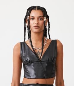 Blusa Cropped Sem Manga em Material Sintético com Recortes