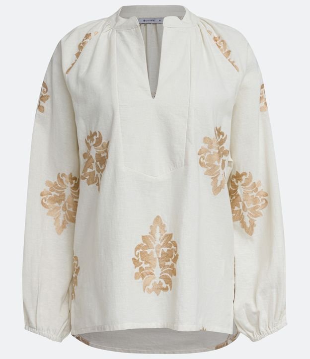 Blusa Bata en Algodón con Arabesco Bordado Off White 6