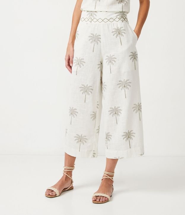 Pantalón Cintura Média con Mini Cocoteros Bordados Blanco 3
