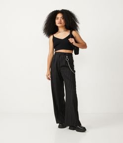 Pantalón Wide Leg Rayada con Pliegues y Cadena
