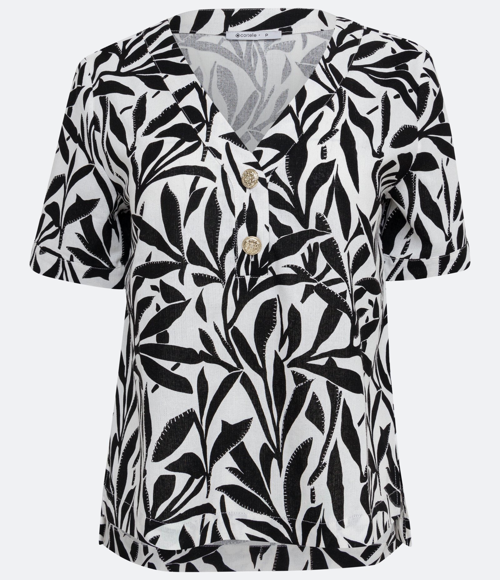 Blusa em Linho com Decote V e Estampa Floral Preto 5