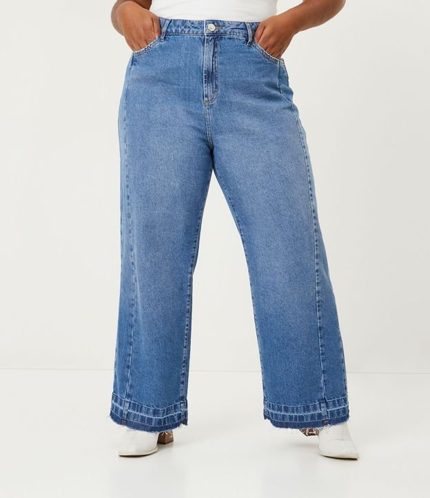 Calça Wide Leg Jeans com Recortes Laterais Curve & Plus Size