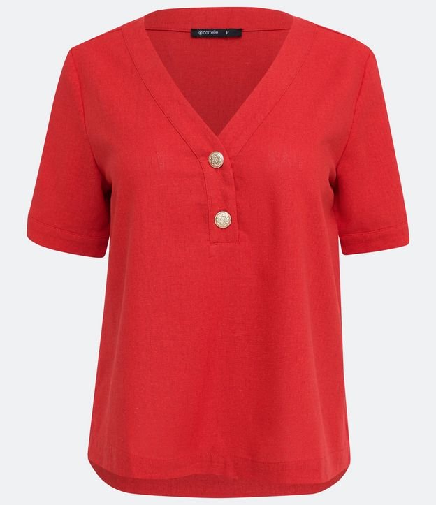 Blusa en Lino con Escote V y Detalle en Botón Rojo 5