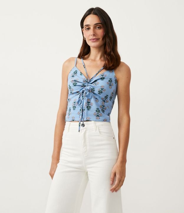 Blusa Regata Cropped em Viscolinho com Franzido no Busto
