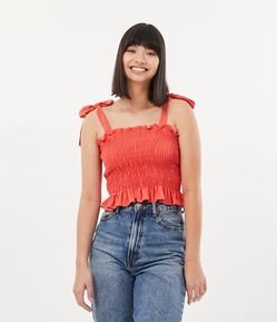 Blusa Regata em Linho com Amarração na Alça e Lastex no Corpo