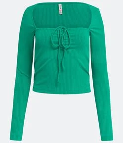 Blusa em Ribana com Manga Longa e Laço no Decote