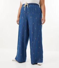 Calça Pantalona em Jeans com Bordado e Cinto de Corda Curve & Plus Size