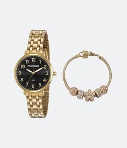 Kit Relógio Mondaine com Pulseira em Aço e Caixa em Metal Dourado 53779LPMVDE2KR