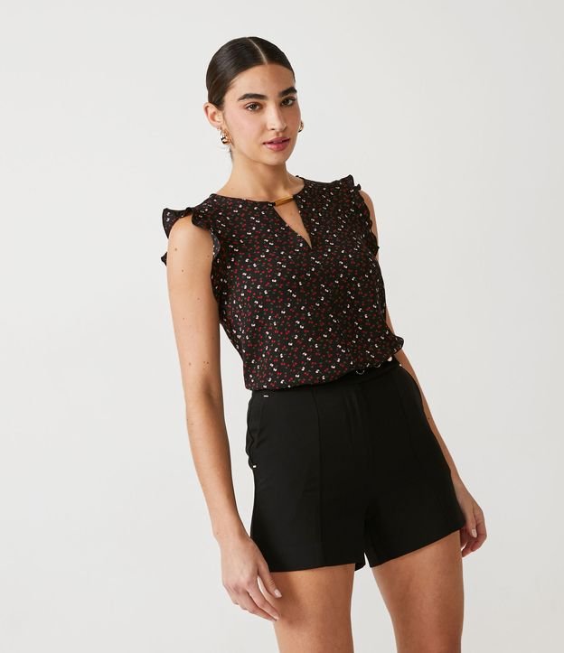 Blusa em Crepe com Babado na Manga e Estampa de Cerejas