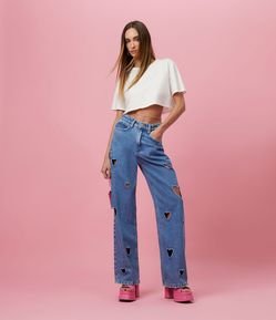 Calça Wide Leg Jeans com Vazado de Coração