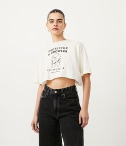 Blusa Cropped em Meia Malha com Manga Curta e Estampa Chewbacca