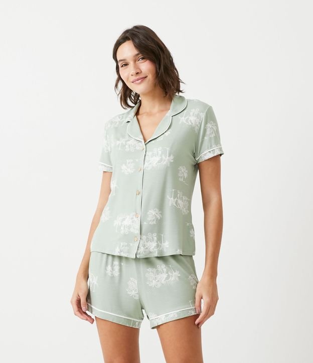 Pijama Americaño Corto en Viscolycra con Estampado de Follajes Verde 1