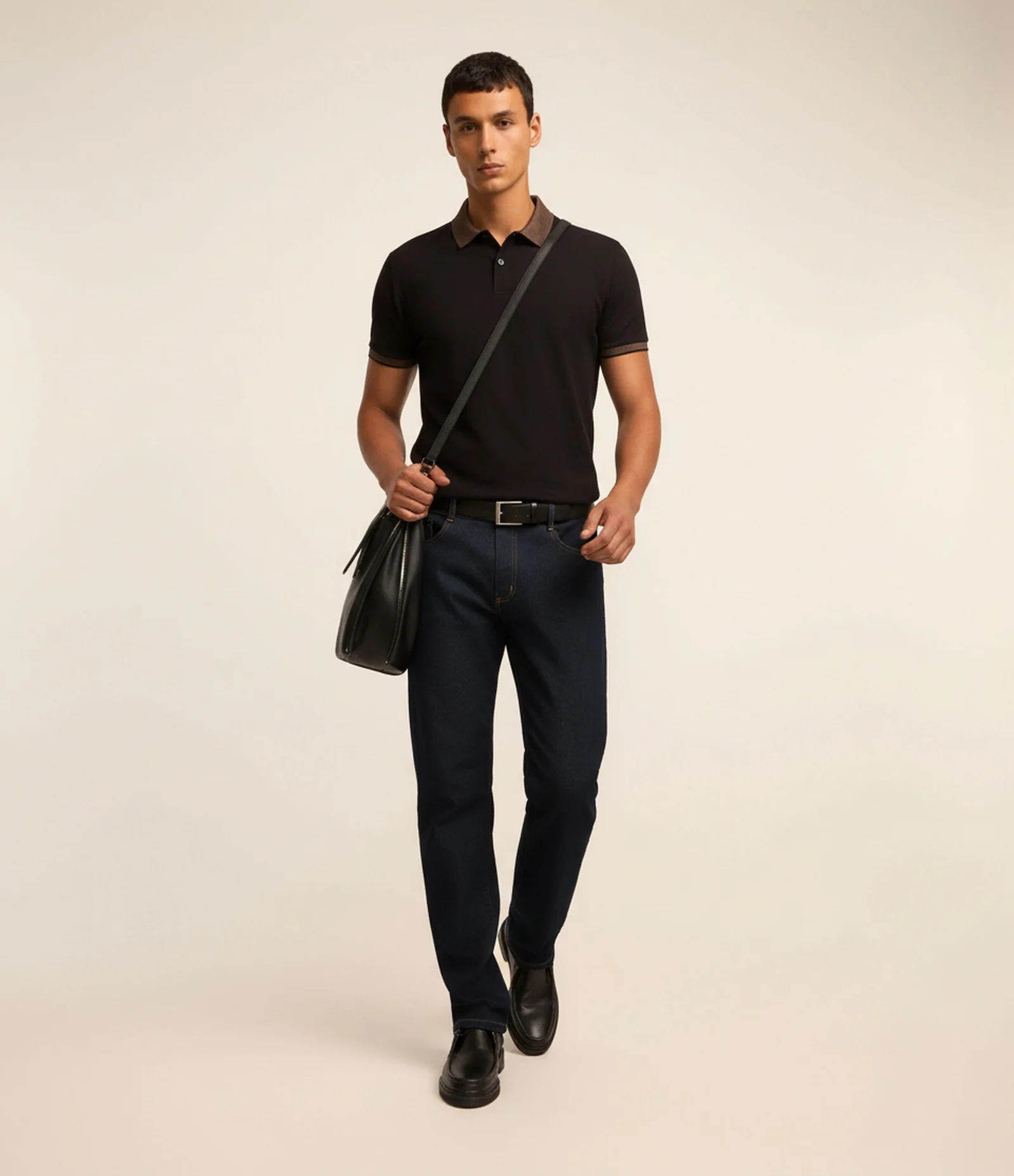 Camisa Polo Slim em Algodão com Botões e Detalhes Contrastantes Preto 1