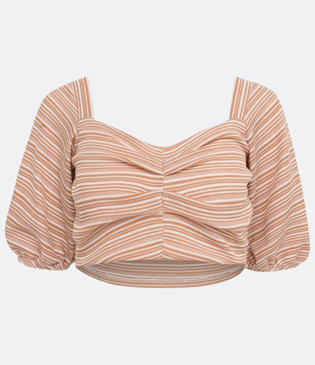 Blusa Cropped Rayada con Manga Abullonada y Fruncidos Naranja 5