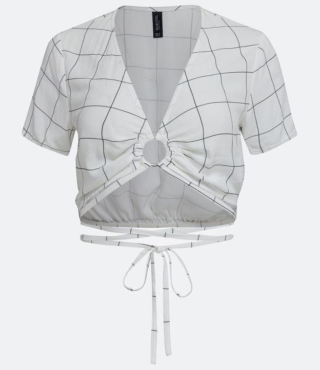 Blusa Cropped em Viscose Xadrez Grid com Manga Curta Branco 7