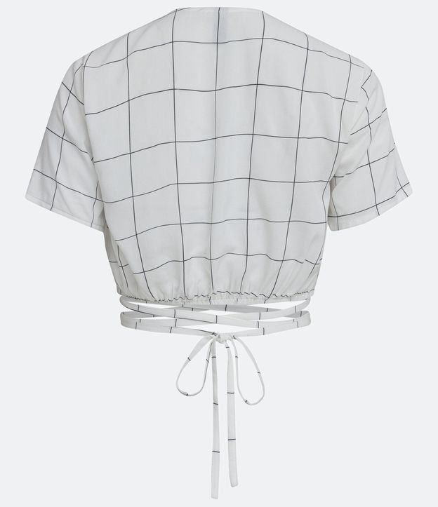 Blusa Cropped em Viscose Xadrez Grid com Manga Curta Branco 8