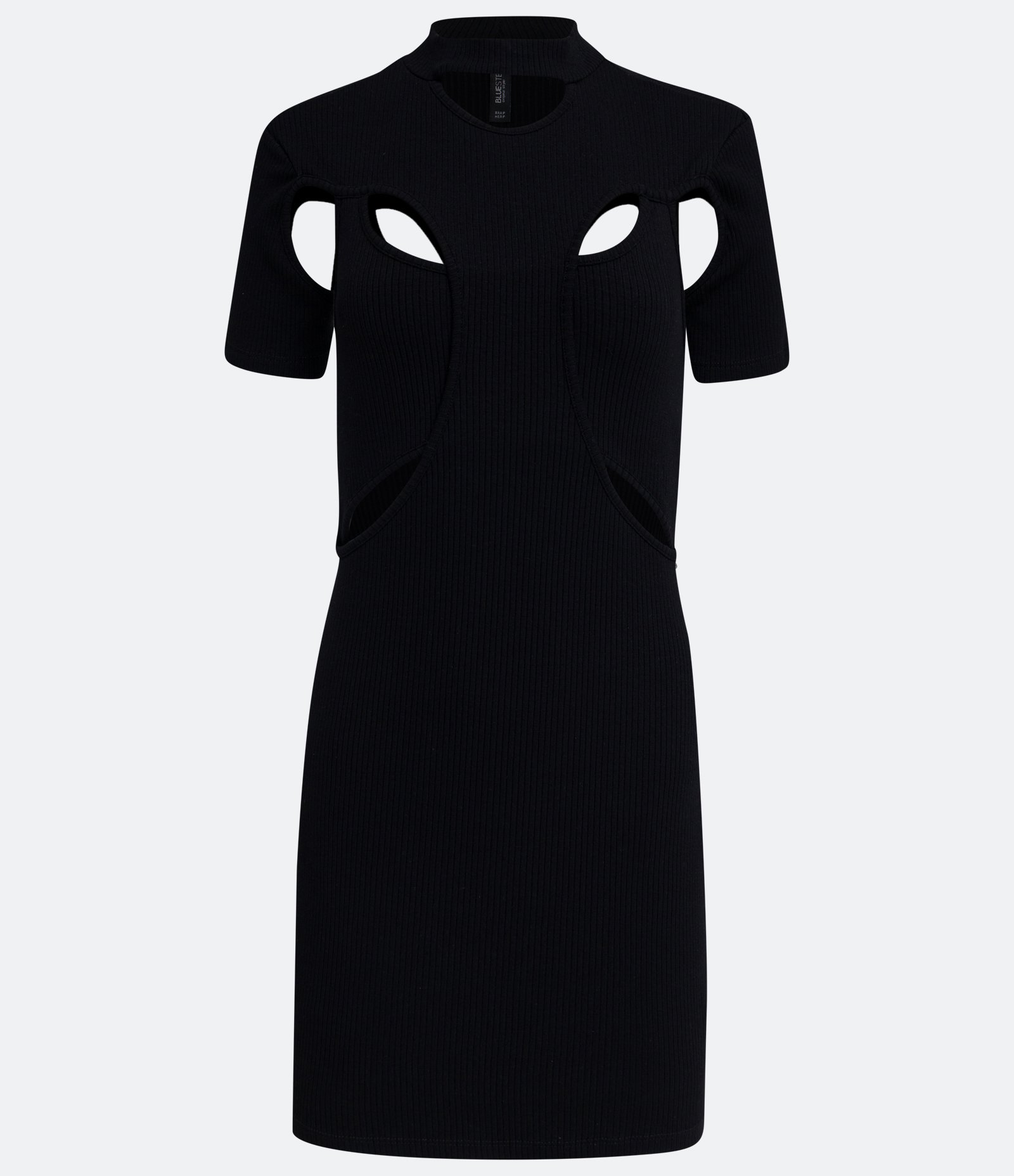 Vestido Curto em Ribana com Golinha Alta e Recortes com Sobreposições Preto 1