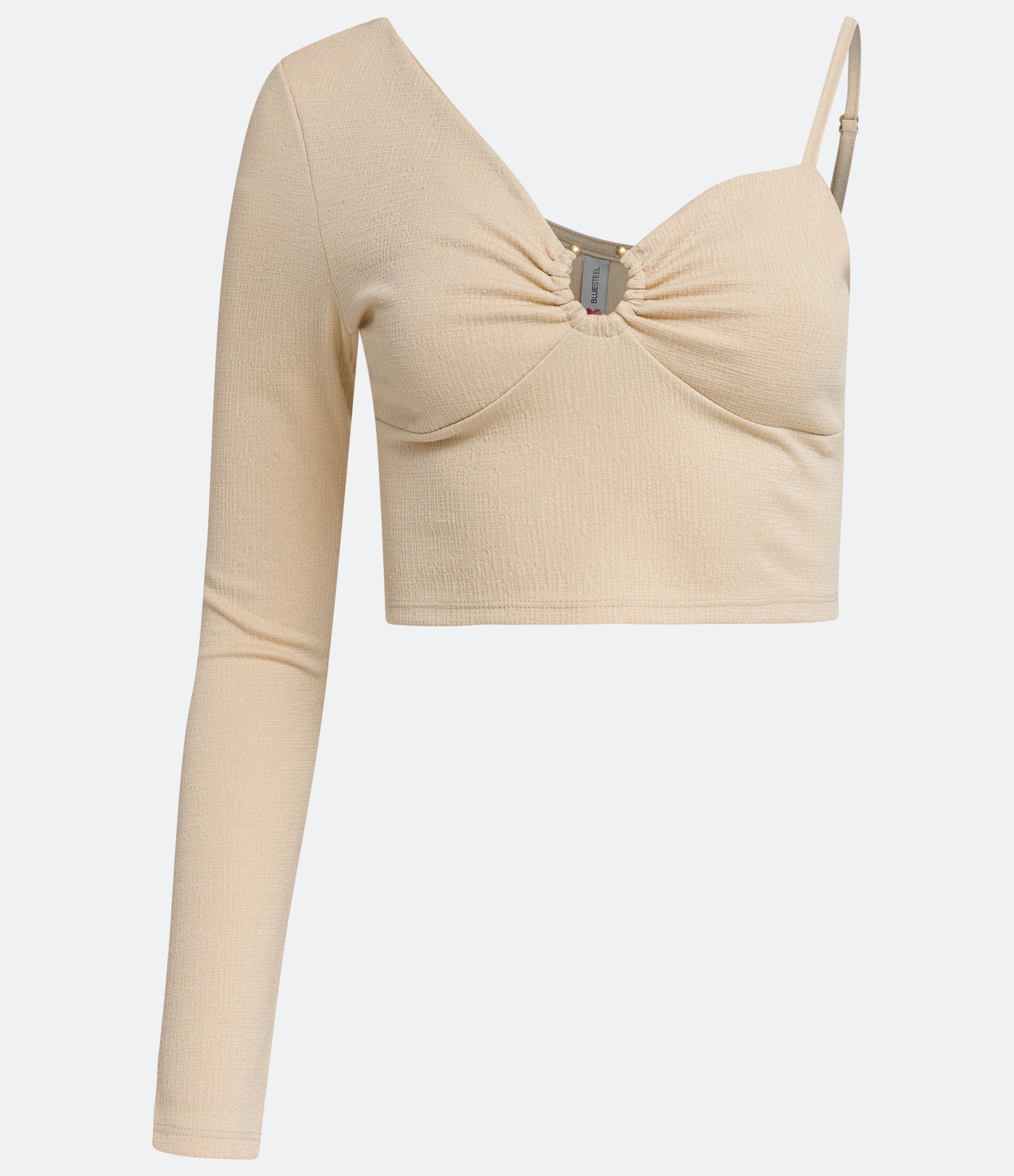 Blusa Cropped em Tweed com Decote Ombro Só e Manga Longa Bege 5