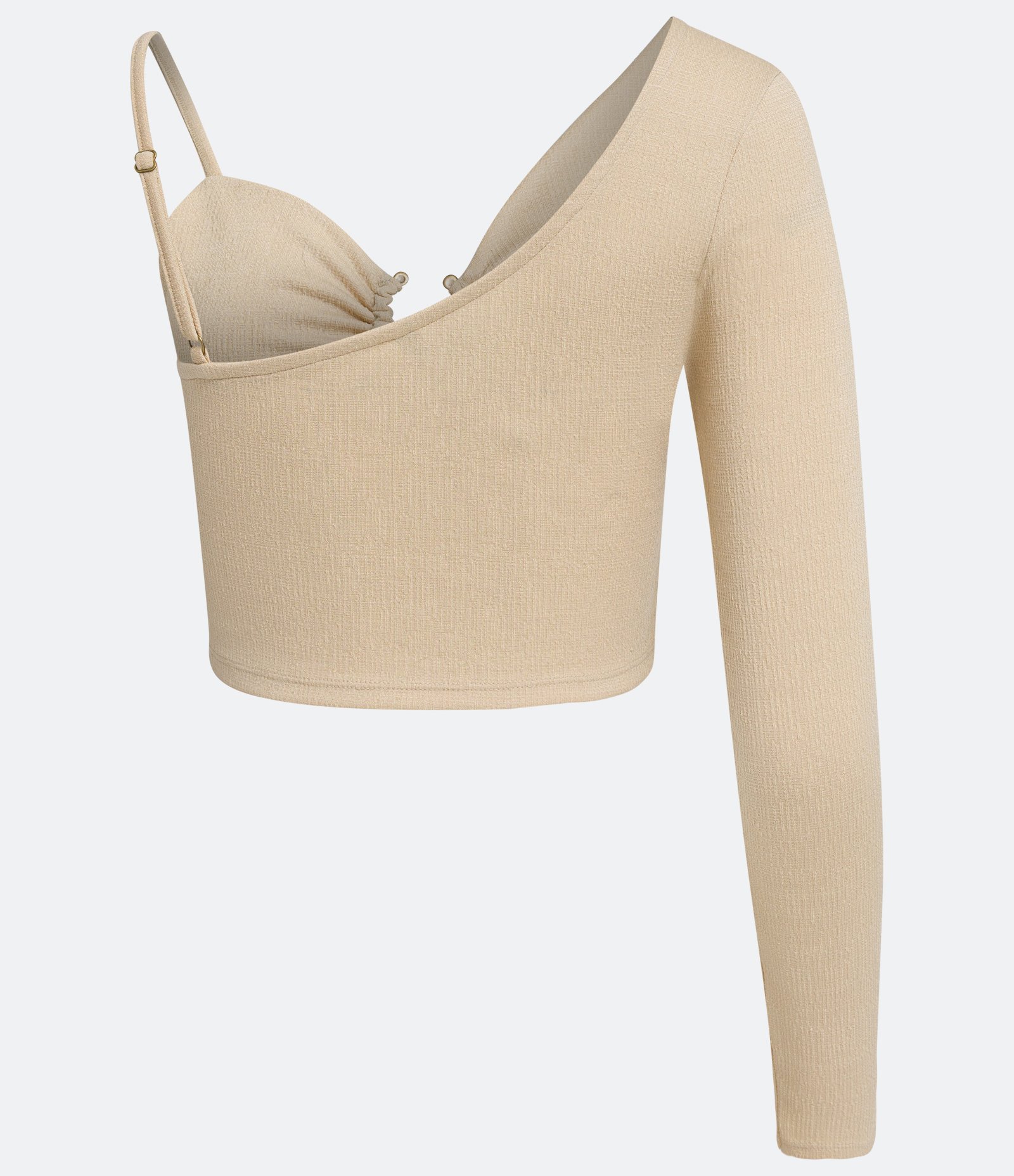 Blusa Cropped em Tweed com Decote Ombro Só e Manga Longa Bege 6