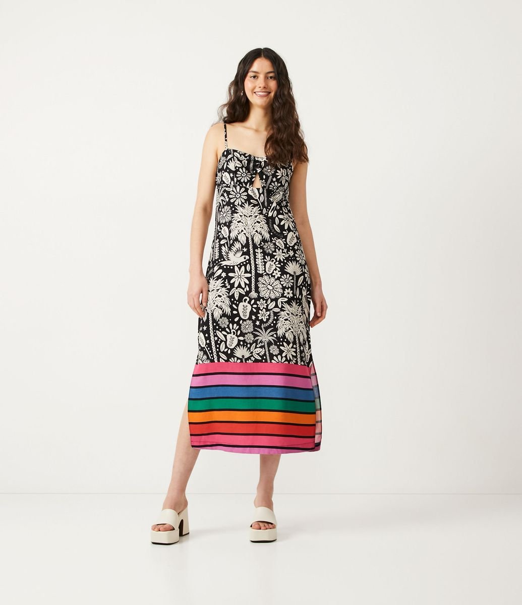 Menor preço em Vestido Midi com Alças Finas e Estampa Tropical com Listras Contrastantes