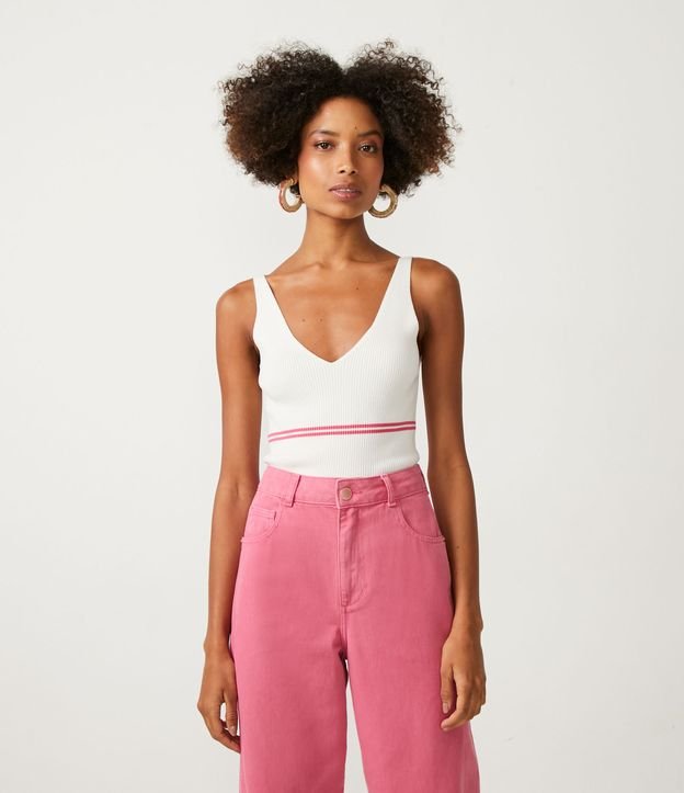 Blusa Musculosa de Punto con Escote V y Rayas Contrastantes Blanco 1