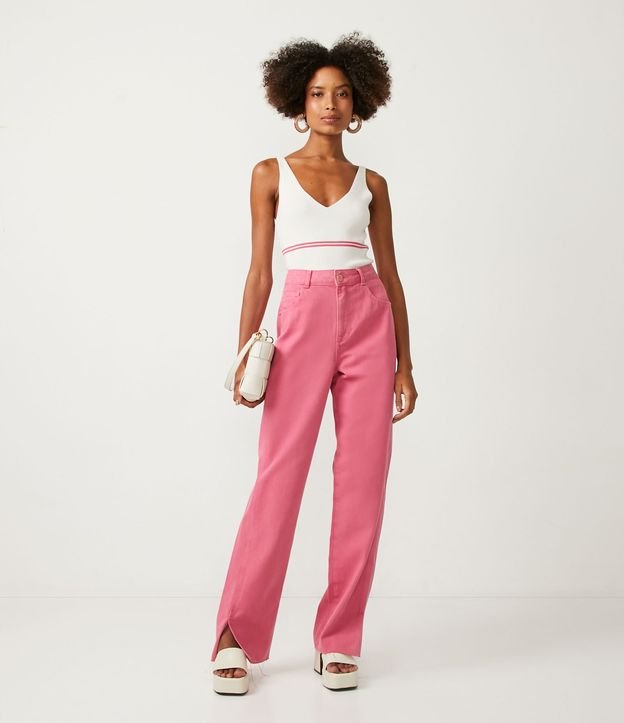 Blusa Musculosa de Punto con Escote V y Rayas Contrastantes Blanco 2