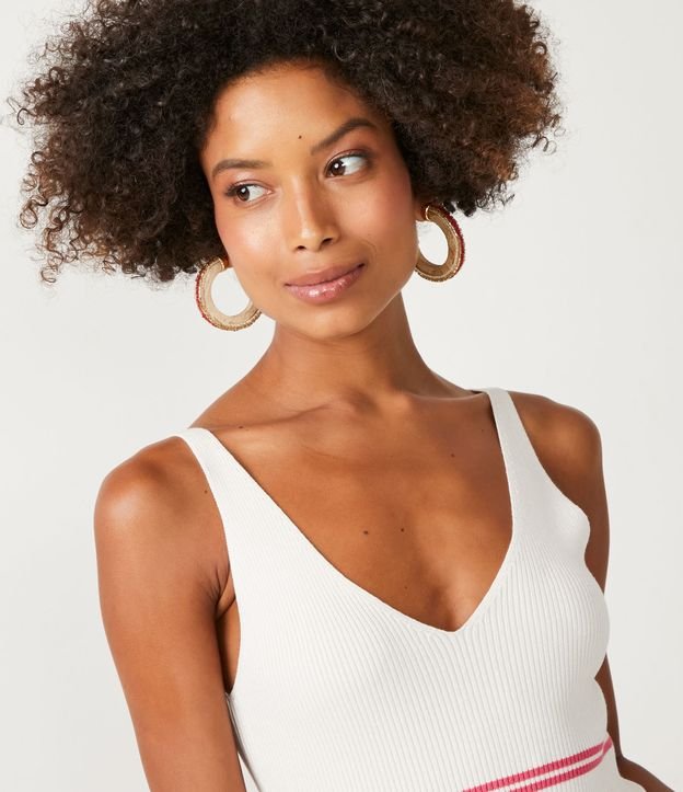 Blusa Musculosa de Punto con Escote V y Rayas Contrastantes Blanco 4