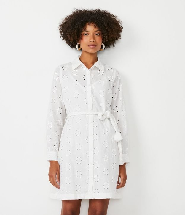 Vestido Chemise en Laise con Cinturón Cuerda Blanco 2